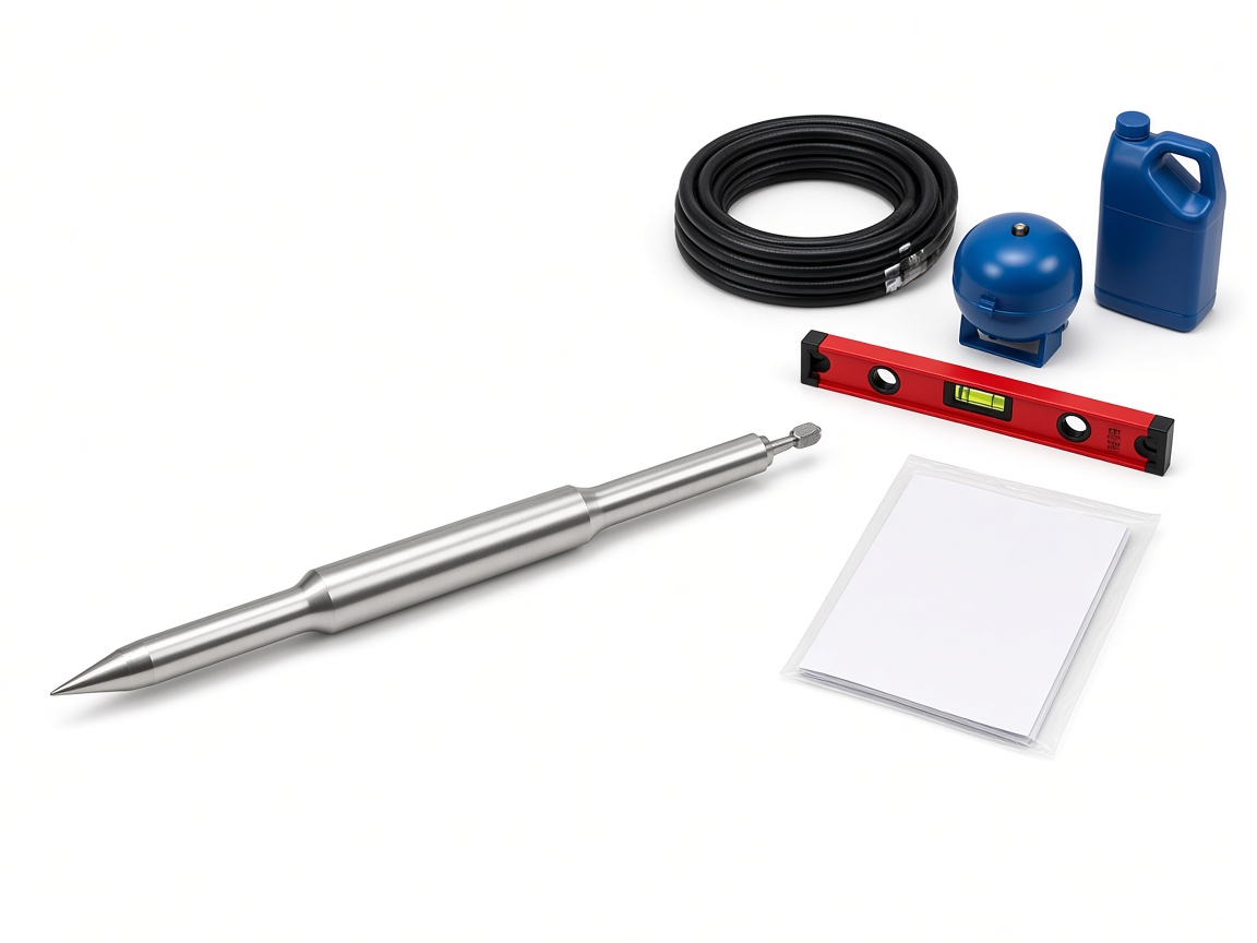 Basic Package kit laid out: piercing tool, air hose, in-line lubricator, tool oil, starting level and manuals