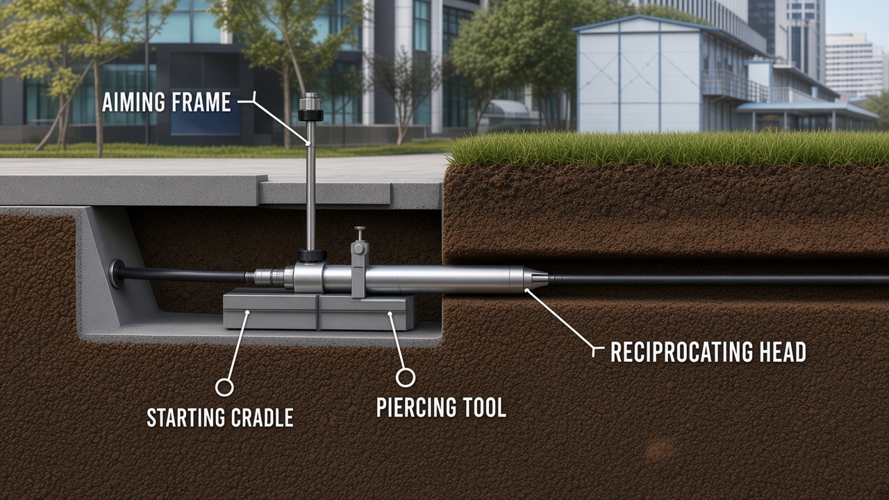 Diagram showing compressor, lubricator, and piercing tool boring under a driveway